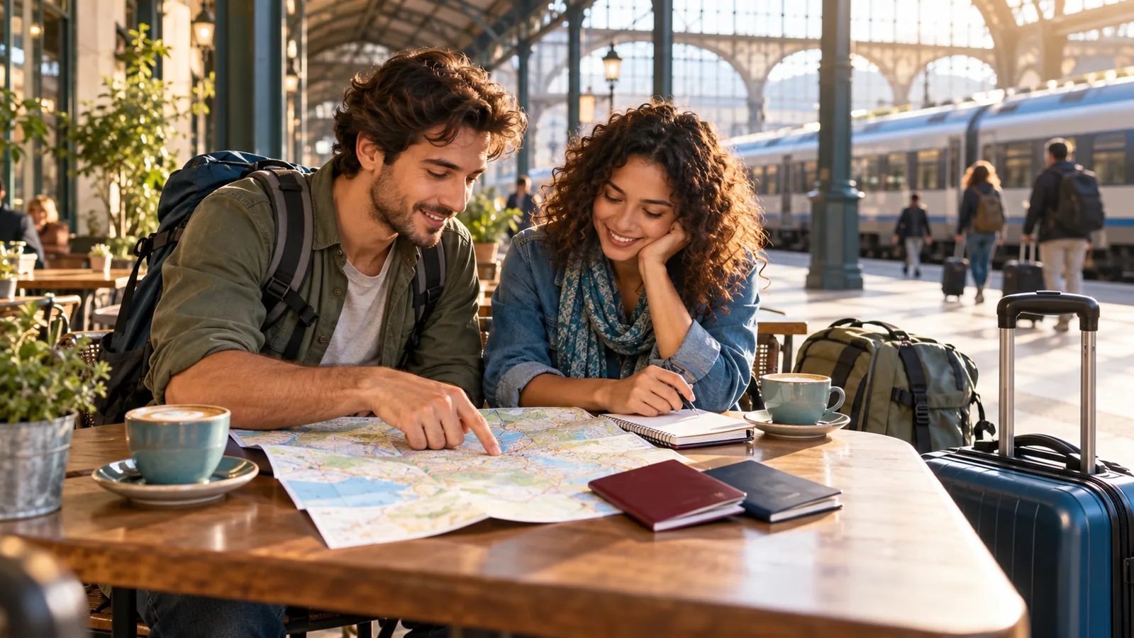 Two travellers planning a cross-border train journey with a map and luggage at a station café